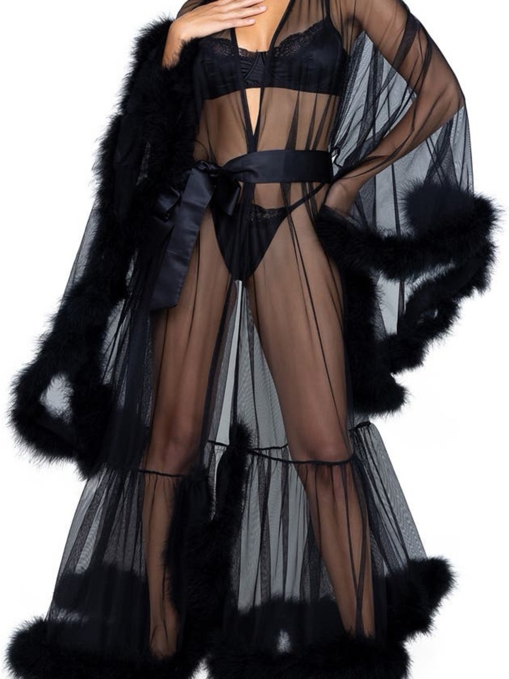 Roma Sheer Black Marabou-Trim Long Robe with Satin Tie
